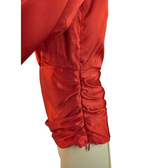 Nasty Gal Red Satin Ruched Wrap Style Blouse Size 2 Long Cuff Slv Plunging VNeck - Picture 3 of 9